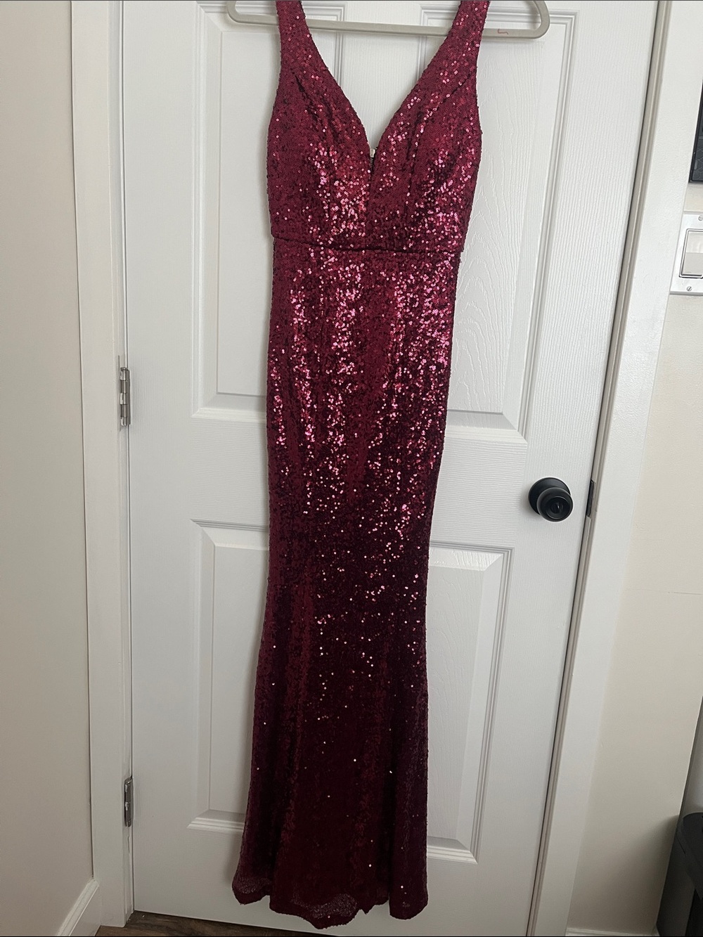 Crystal Doll Burgundy Sequin Plunging Maxi Dress